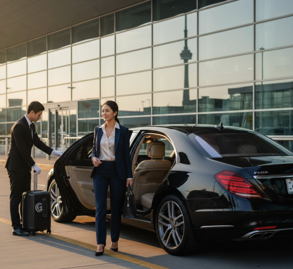 A professional chauffeur in a suit holds a black suitcase while opening the door of a black luxury sedan (likely a Mercedes S-Class) for a stylish female executive outside the modern glass exterior of Toronto Pearson International Airport (YYZ). The city skyline and CN Tower are visible in the reflection.