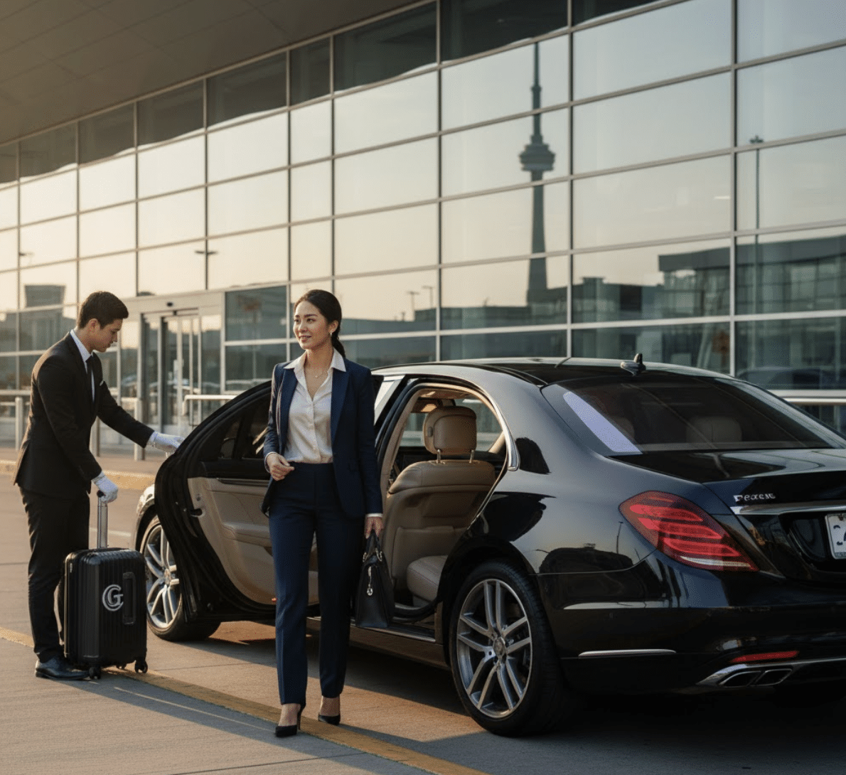 A professional chauffeur in a suit holds a black suitcase while opening the door of a black luxury sedan (likely a Mercedes S-Class) for a stylish female executive outside the modern glass exterior of Toronto Pearson International Airport (YYZ). The city skyline and CN Tower are visible in the reflection.