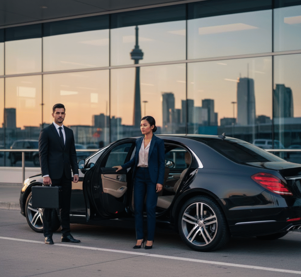 Our Corporate Livery Service chauffeur in a dark suit stands beside a sleek black luxury sedan, holding a briefcase. A poised female executive in a suit is in the process of entering or exiting the car. The modern glass exterior of Toronto Pearson International Airport (YYZ) is in the background, reflecting the city skyline and the CN Tower during a warm sunset.