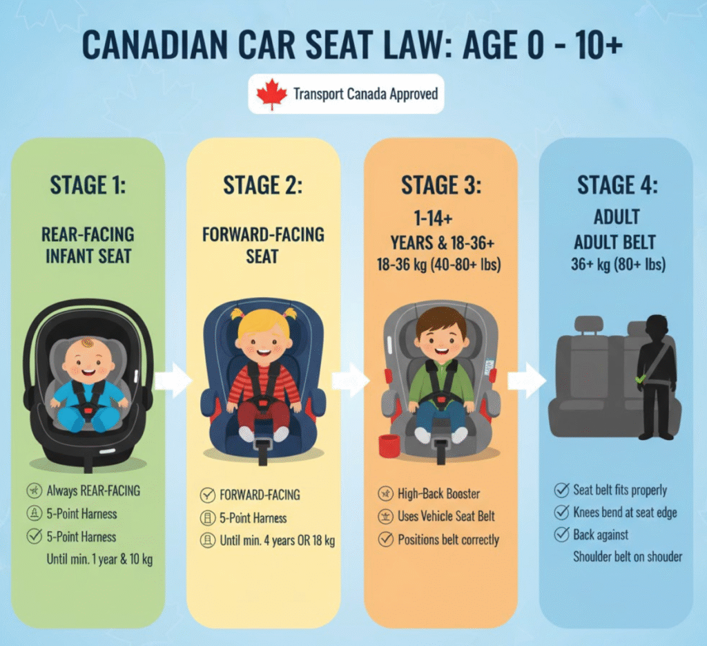 Infographic titled "Canadian Car Seat Law: Age 0 - 10+" showing four stages of car seat usage. Stage 1: Rear-facing infant seat for babies (always rear-facing, 5-point harness, until min. 1 year & 10 kg). Stage 2: Forward-facing seat for toddlers (forward-facing, 5-point harness, until min. 4 years OR 18 kg). Stage 3: High-back booster for children aged 1-14 years & 18-36 kg (40-80+ lbs), using a vehicle seat belt. Stage 4: Adult belt for children 36+ kg (80+ lbs), when the seat belt fits properly. The infographic includes a "Transport Canada Approved" stamp and notes to always refer to car seat manuals and provincial laws.