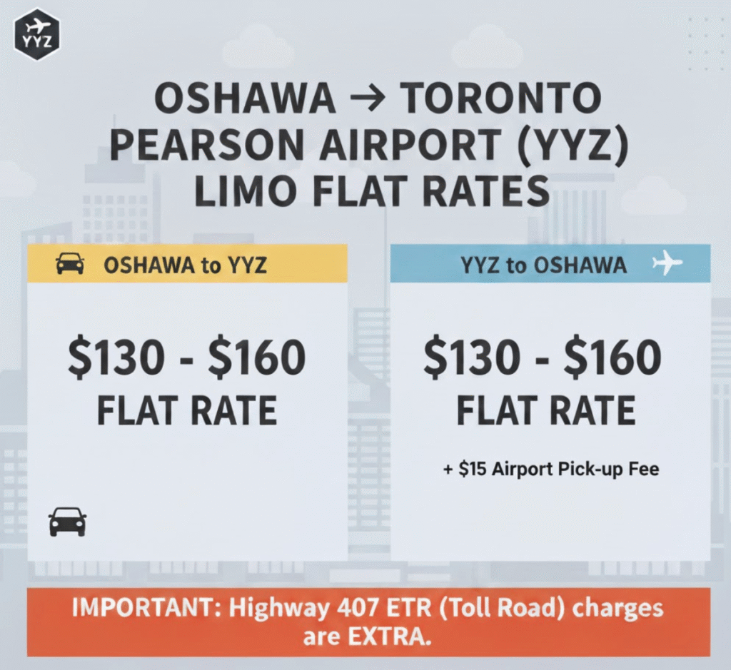 Alt Text: Infographic displaying Limo flat rates between Oshawa and Toronto Pearson Airport (YYZ). The "Oshawa to YYZ" section shows a $130 - $160 flat rate. The "YYZ to Oshawa" section also shows a $130 - $160 flat rate, with an additional +$15 Airport Pick-up Fee. A prominent orange banner at the bottom states, "IMPORTANT: Highway 407 ETR (Toll Road) charges are EXTRA." Smaller text notes that prices are estimates, subject to change, require confirmation, and gratuity is not included.