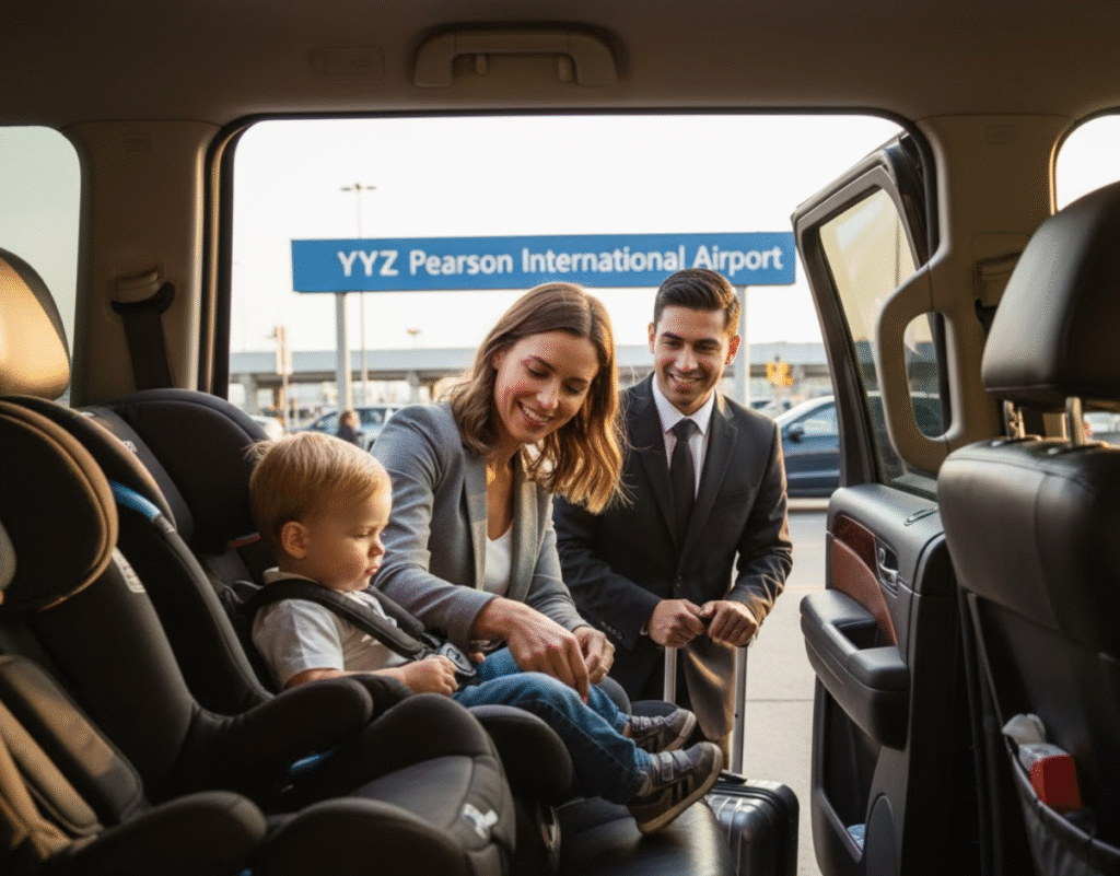 The chauffeur is visible in the background, smiling and ready to assist, with the airport terminal sign (YYZ Pearson International Airport) clearly visible through the window, providing context.
