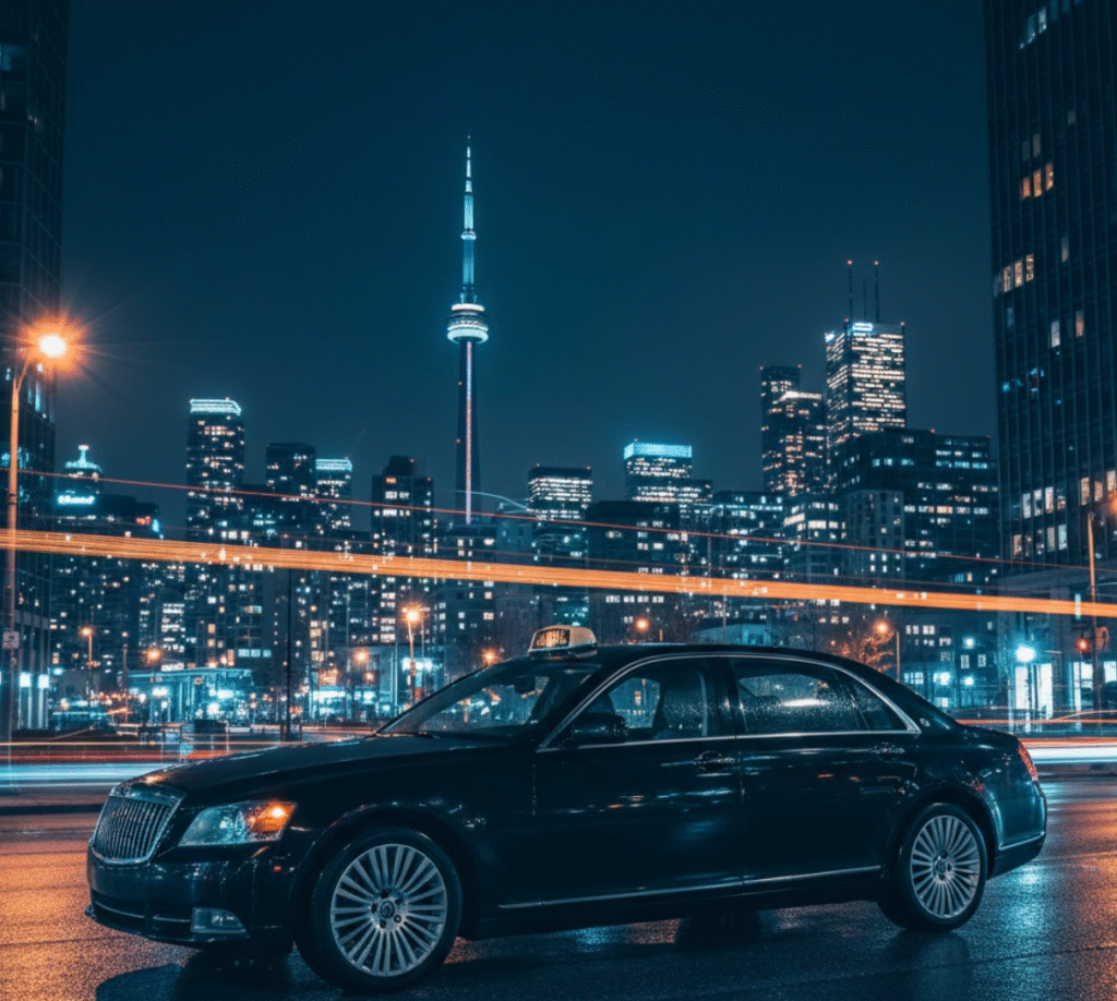 Black sedan taxi with Toronto Downtown skyline and CN Tower at night, illustrating reliable ride to Toronto Downtown service.