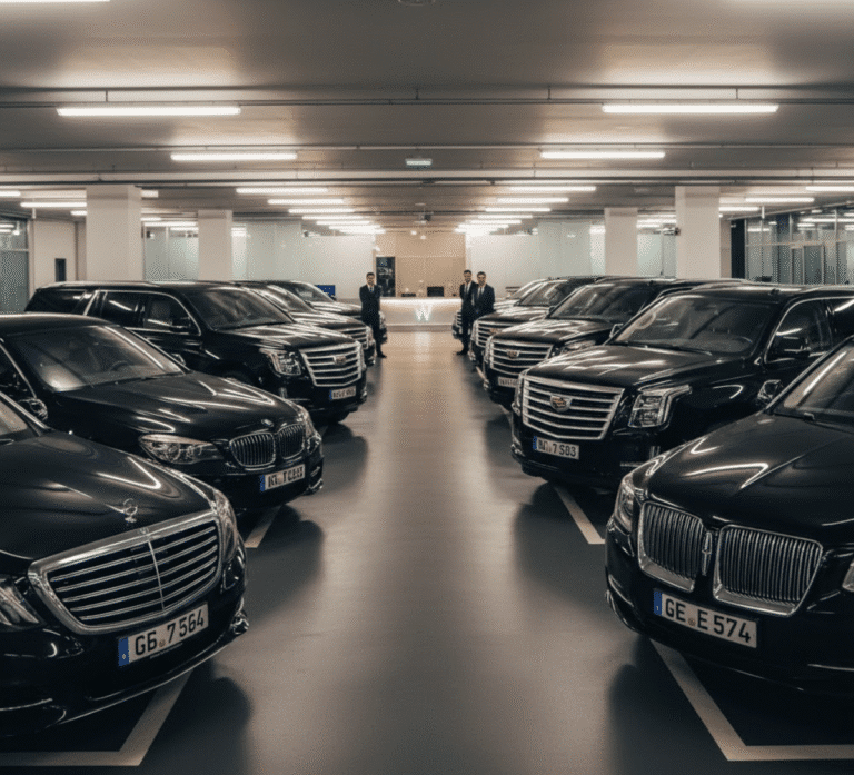 luxury fleet of executive black sedans and SUVs parked