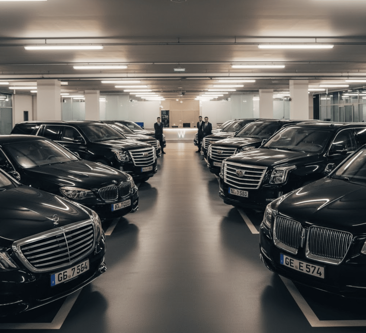 luxury fleet of executive black sedans and SUVs parked