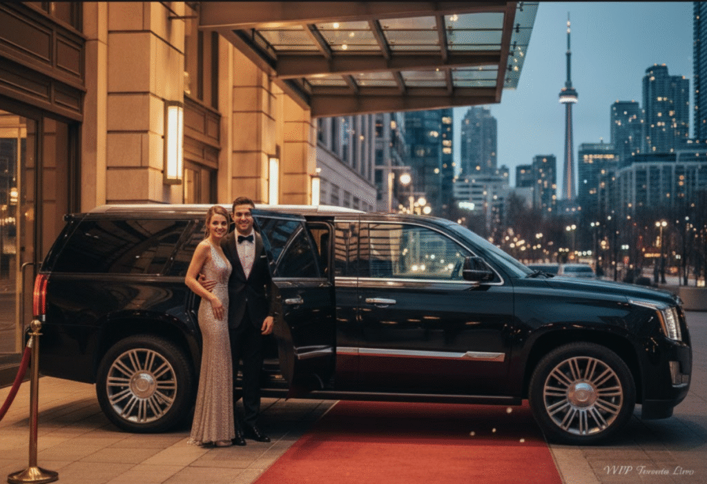 VVIP couple arriving for a Maple Leafs game in a high-end black SUV at Scotiabank Arena, with confetti and cheering fans in the background.