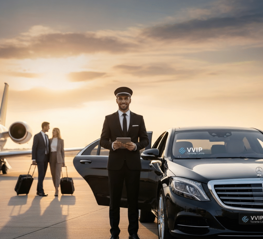 A professional chauffeur in a suit stands beside a luxurious black VVIP Toronto Limo SUV on an airport tarmac at sunset, with a private jet and well-dressed passengers in the background. The scene conveys luxury, reliability, and executive airport transfer service.