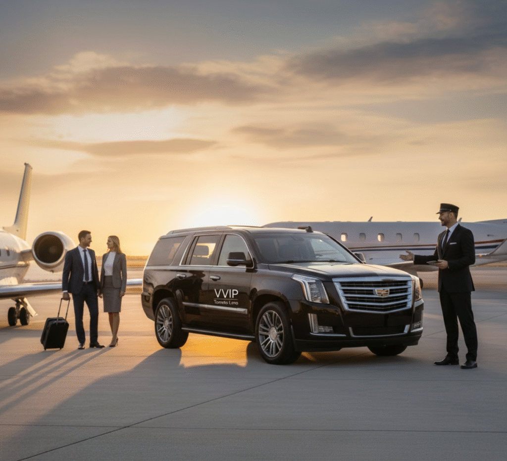 A professional chauffeur in a suit stands beside a luxurious black VVIP Toronto Limo SUV on an airport tarmac at sunset, with a private jet and well-dressed passengers in the background. The scene conveys luxury, reliability, and executive airport transfer service.