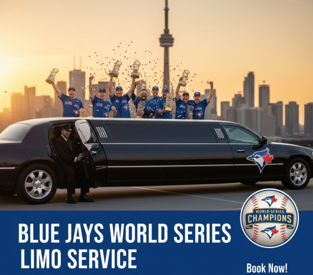 Toronto Blue Jays World Series championship limo service with players celebrating with trophies on the CN Tower skyline at sunset.