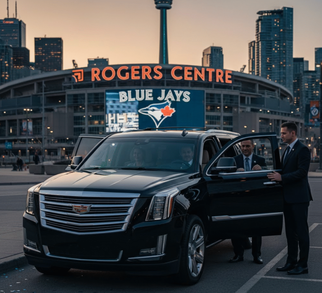 Black Cadillac Escalade chauffeur service dropping off corporate clients at Rogers Centre for Blue Jays World Series game with Toronto skyline and CN Tower at dusk.