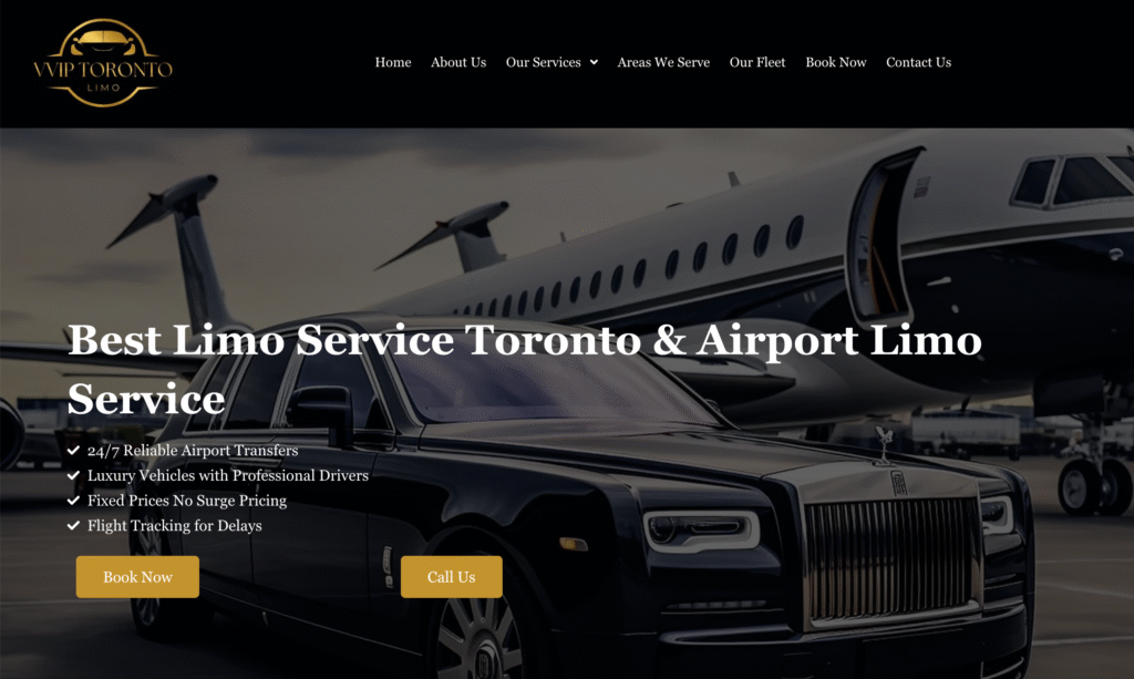 A luxurious black VVIP Toronto Limo SUV parked at twilight with a professional chauffeur holding the door for a male client, set against the illuminated Toronto skyline including the CN Tower.