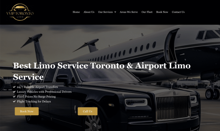 A luxurious black VVIP Toronto Limo SUV parked at twilight with a professional chauffeur holding the door for a male client, set against the illuminated Toronto skyline including the CN Tower.