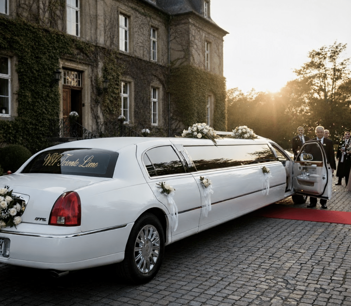 stretch limo service toronto parked ourside wedding hall.