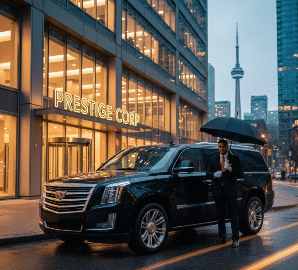 Black Luxury Corporate Event Transportation SUV (Cadillac Escalade) with a professional chauffeur holding an umbrella, parked outside a prestigious Toronto office building. The image features a dark and dark gold aesthetic