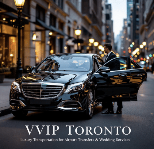 White Water Walk Professional chauffeur opening the door of a black luxury sedan for Executive Car Service. Ideal for corporate transfers in the GTA.
