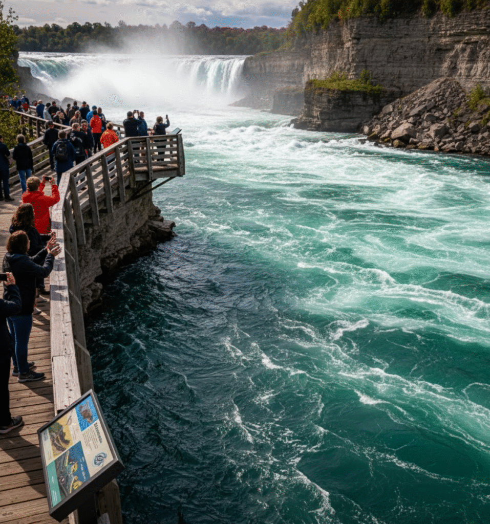 People on a wooden boardwalk along the Niagara River viewing powerful whitewater rapids, with a waterfall and lush green cliffs in the background under a cloudy sky
