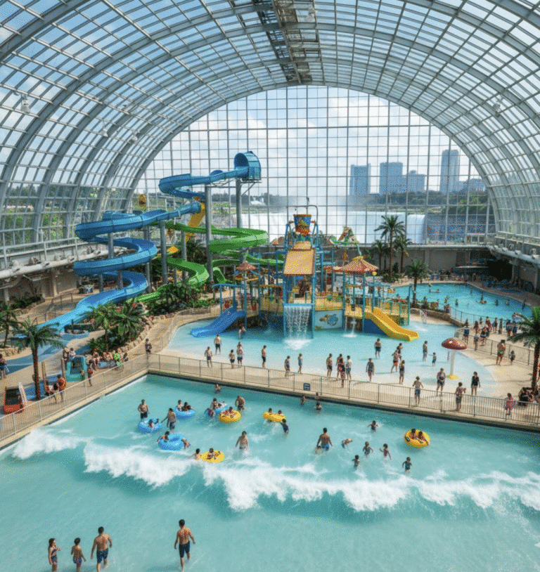 Aerial view of the Fallsview Indoor Water Park showing the wave pool, colorful waterslides, splash pads, and tropical palm trees under a glass dome, with Niagara Falls visible in the background. Families are enjoying the attractions