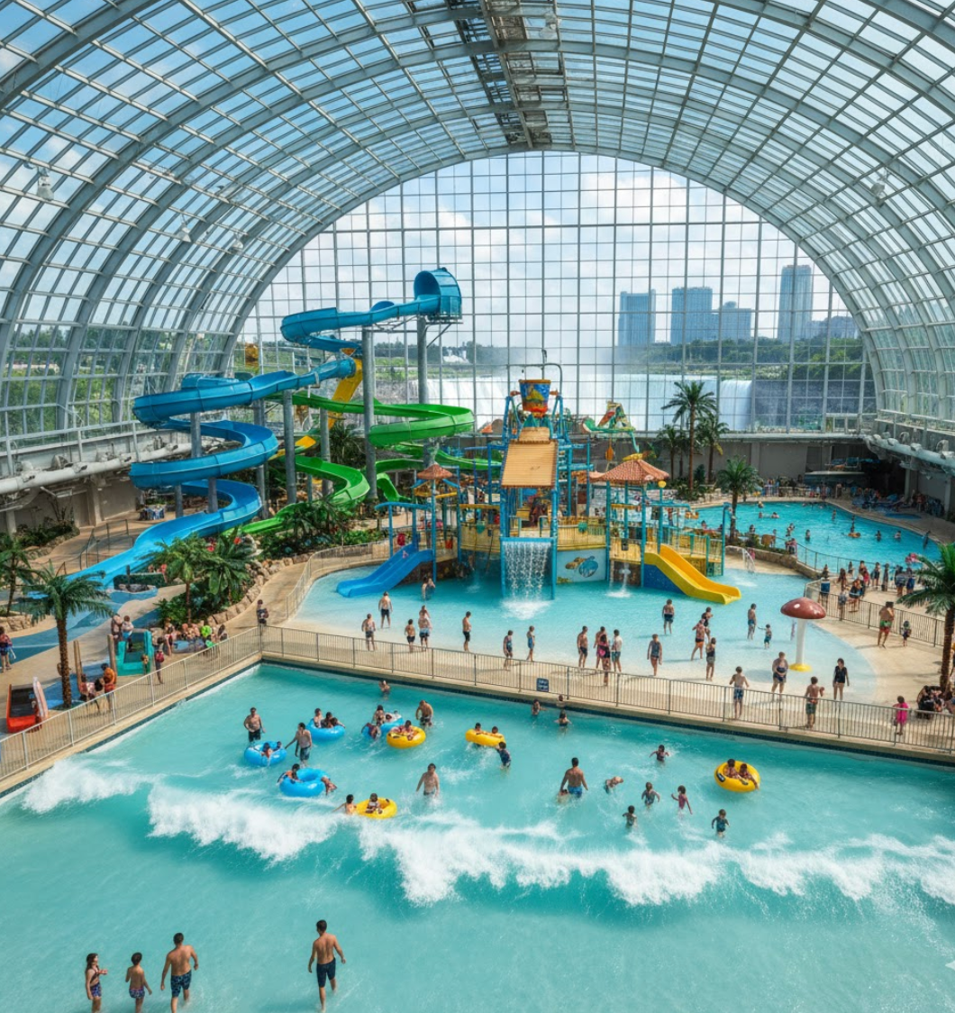 Aerial view of the Fallsview Indoor Water Park showing the wave pool, colorful waterslides, splash pads, and tropical palm trees under a glass dome, with Niagara Falls visible in the background. Families are enjoying the attractions