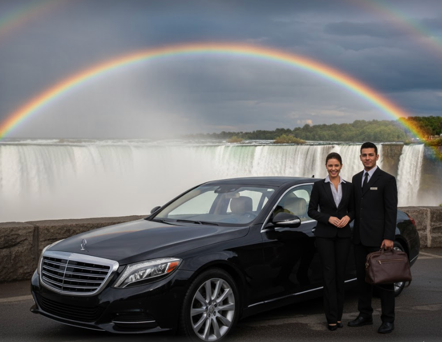 Luxury black limo with chauffeur and passenger at Niagara Falls under rainbow, offering premium tours from Toronto | VVIP Toronto Limo