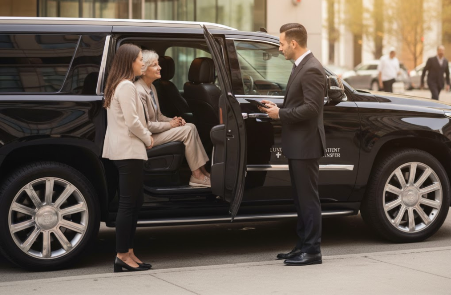Luxury SUV Non-Emergency Medical Transportation with patient being assisted into vehicle for Medical appointment