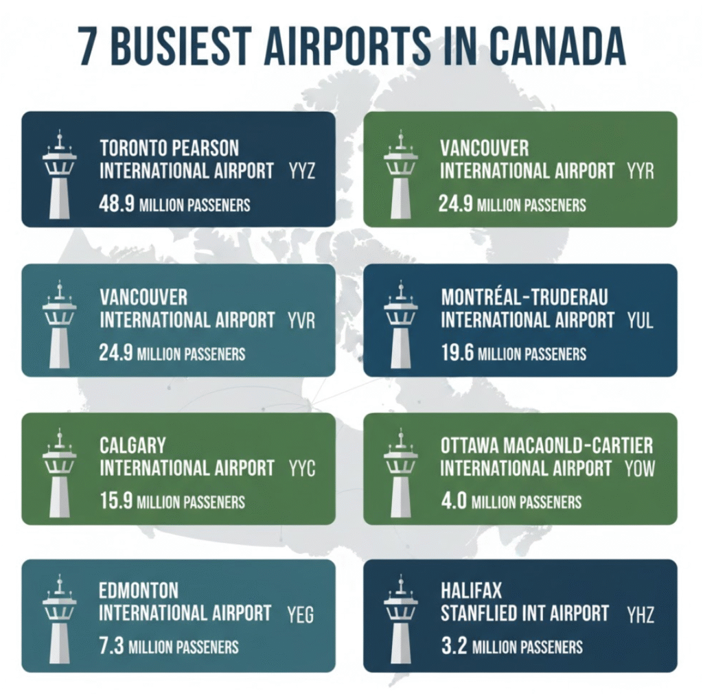 Infographic showing the 7 busiest airports in Canada by passenger numbers