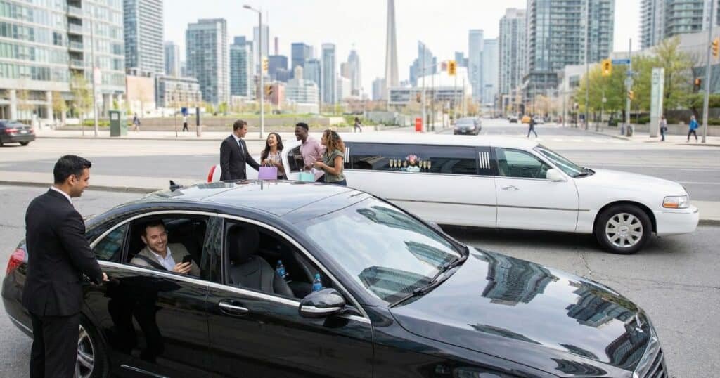 Group of people interacting near a luxury black sedan and a white limousine in Toronto, showcasing affordable premium transportation options with a city skyline backdrop.