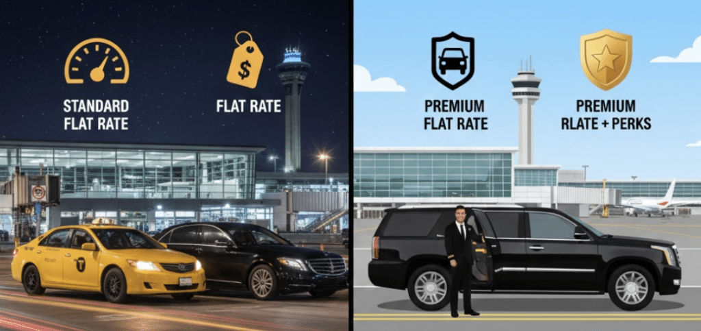 Beck Taxi standard flat rate vs VVIP Toronto Limo luxury limo flat rate comparison for 2026 Toronto Pearson Airport YYZ transfer, highlighting professional chauffeur and guaranteed child seat