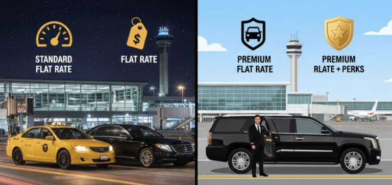 Beck Taxi standard flat rate vs VVIP Toronto Limo luxury limo flat rate comparison for 2026 Toronto Pearson Airport YYZ transfer, highlighting professional chauffeur and guaranteed child seat