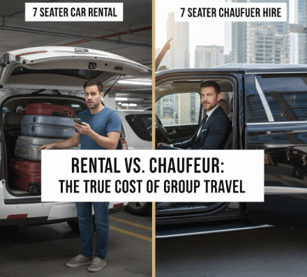 Luxury 7 seater chauffeur service collage showing professional luggage loading, a corporate meeting inside an executive van service, a family group being greeted at the airport, and easy access to a premium SUV.