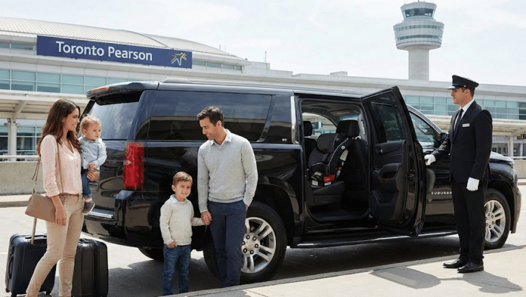 Professional chauffeur opening door of luxury black SUV for family with young children and installed car seat at Toronto Pearson Airport curbside