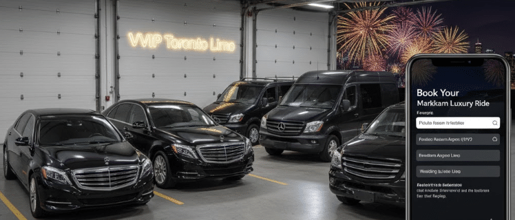 VVIP Toronto Limo fleet featuring black executive sedans and Mercedes Sprinters parked in a clean professional garage