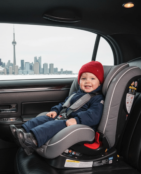 Toddler safely secured in a professionally installed forward-facing car seat inside a luxury VVIP Toronto Limo with the Toronto skyline and CN Tower visible through the window