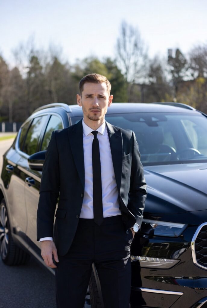 Professional chauffeur standing next to a black luxury SUV