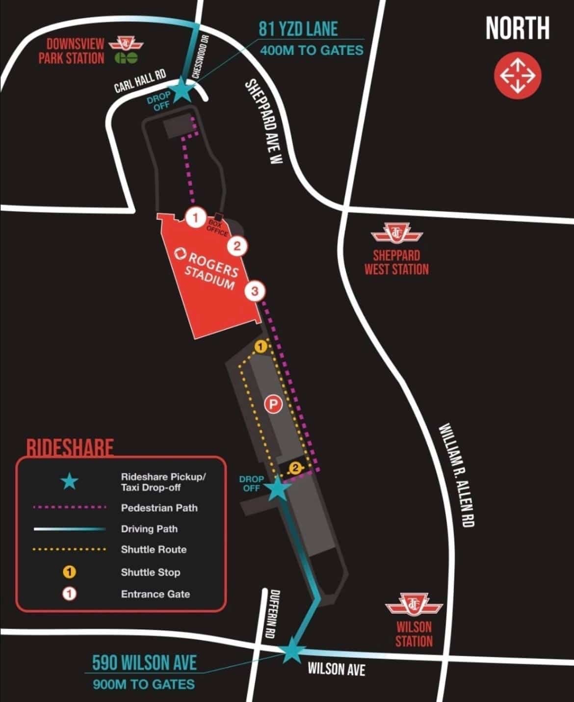 Map of Rogers Stadium at YZD Downsview showing the North drop-off zone at 81 YZD Lane, the South drop-off zone at 590 Wilson Ave, and the closed red zone on Beffort Road.