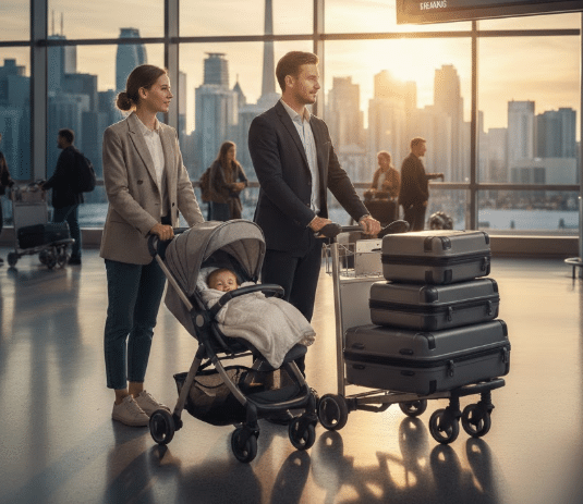 A young family with a toddler in a stroller navigating the Toronto Pearson Airport (YYZ) arrivals hall near the pre-arranged pickup area, highlighting stress-free travel with a professional limo service.
