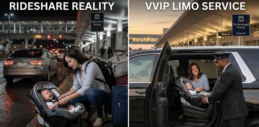 A side by side comparison showing a mother struggling to install a car seat in a rideshare versus a professional VVIP Toronto Limo chauffeur securely installing a sanitized infant seat at Pearson Airport.
