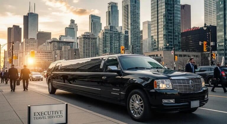 Luxury limousine in Toronto's Financial District representing executive travel services