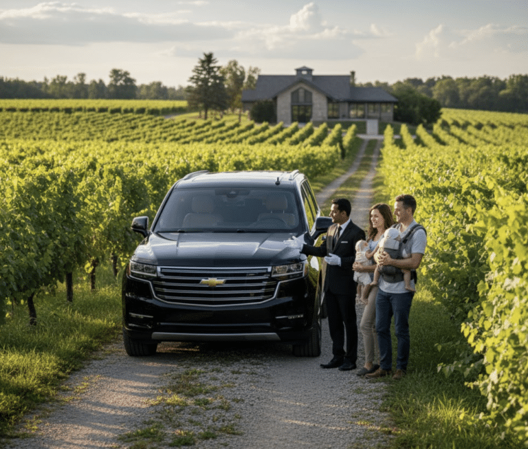 A professional chauffeur in a black suit and white gloves standing next to a luxury black SUV at a Niagara vineyard, greeting a young couple who are carrying their infants in baby carriers.