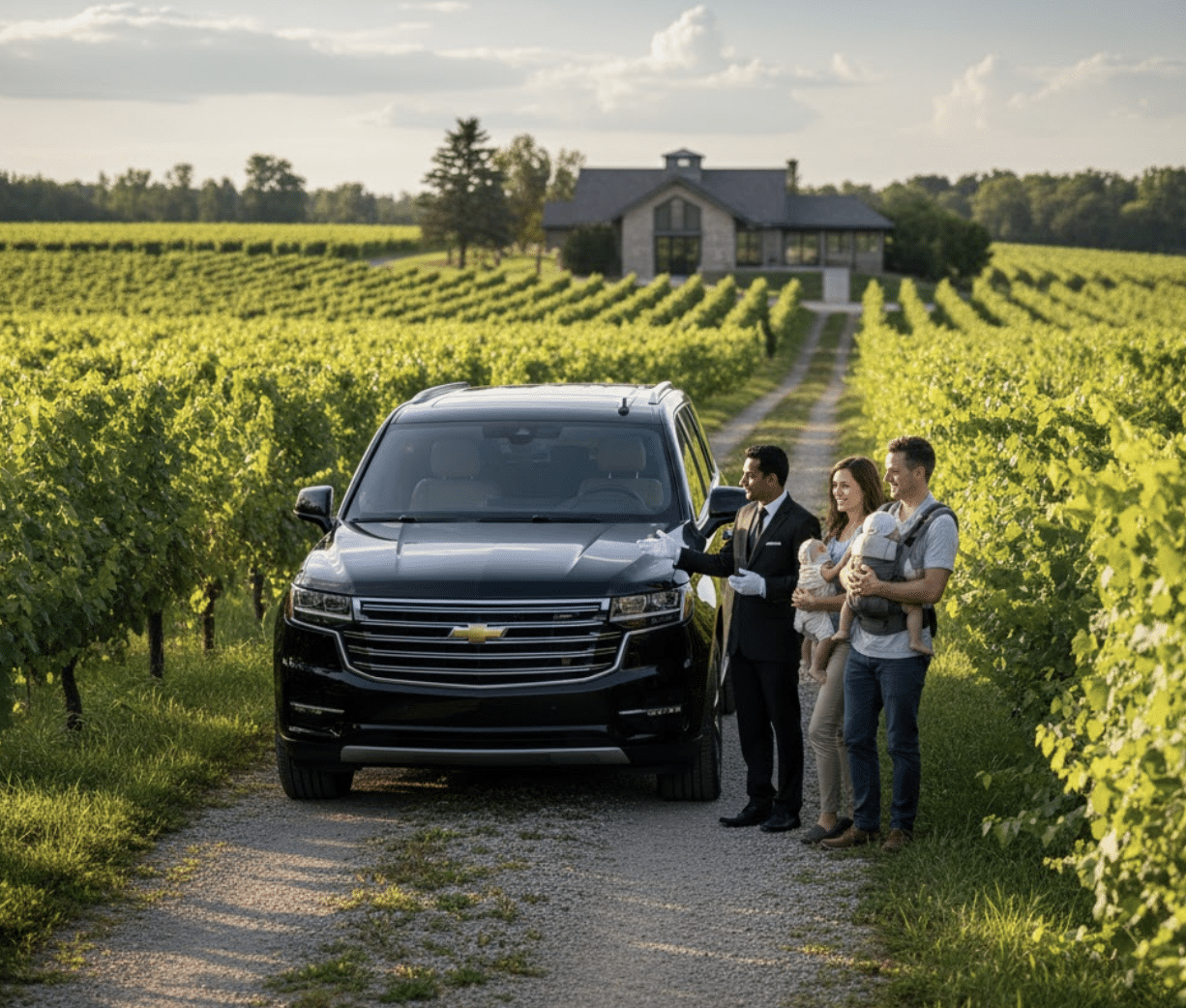 A professional chauffeur in a black suit and white gloves standing next to a luxury black SUV at a Niagara vineyard, greeting a young couple who are carrying their infants in baby carriers.