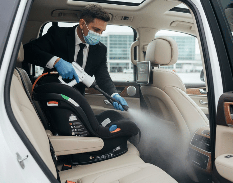 A professional chauffeur wearing a mask and gloves using a high-pressure steam cleaner to sanitize a black infant car seat inside a luxury SUV with tan leather interior.