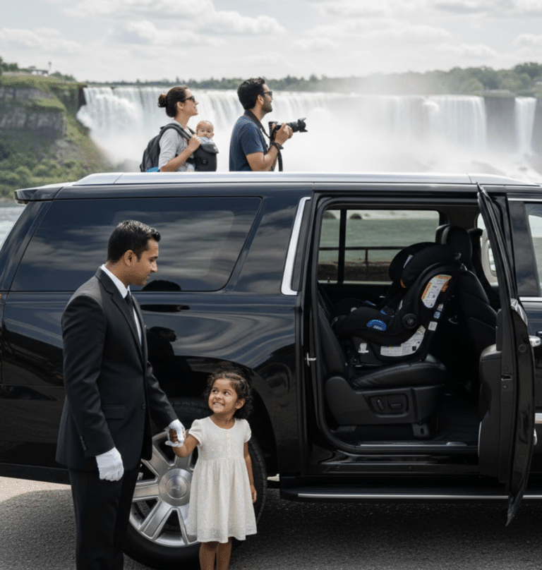 A professional chauffeur in a suit and white gloves standing by a luxury black SUV with an open door showing a car seat, with a family and Niagara Falls in the background.