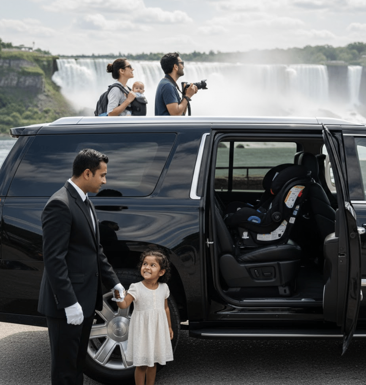 A professional chauffeur in a suit and white gloves standing by a luxury black SUV with an open door showing a car seat, with a family and Niagara Falls in the background.