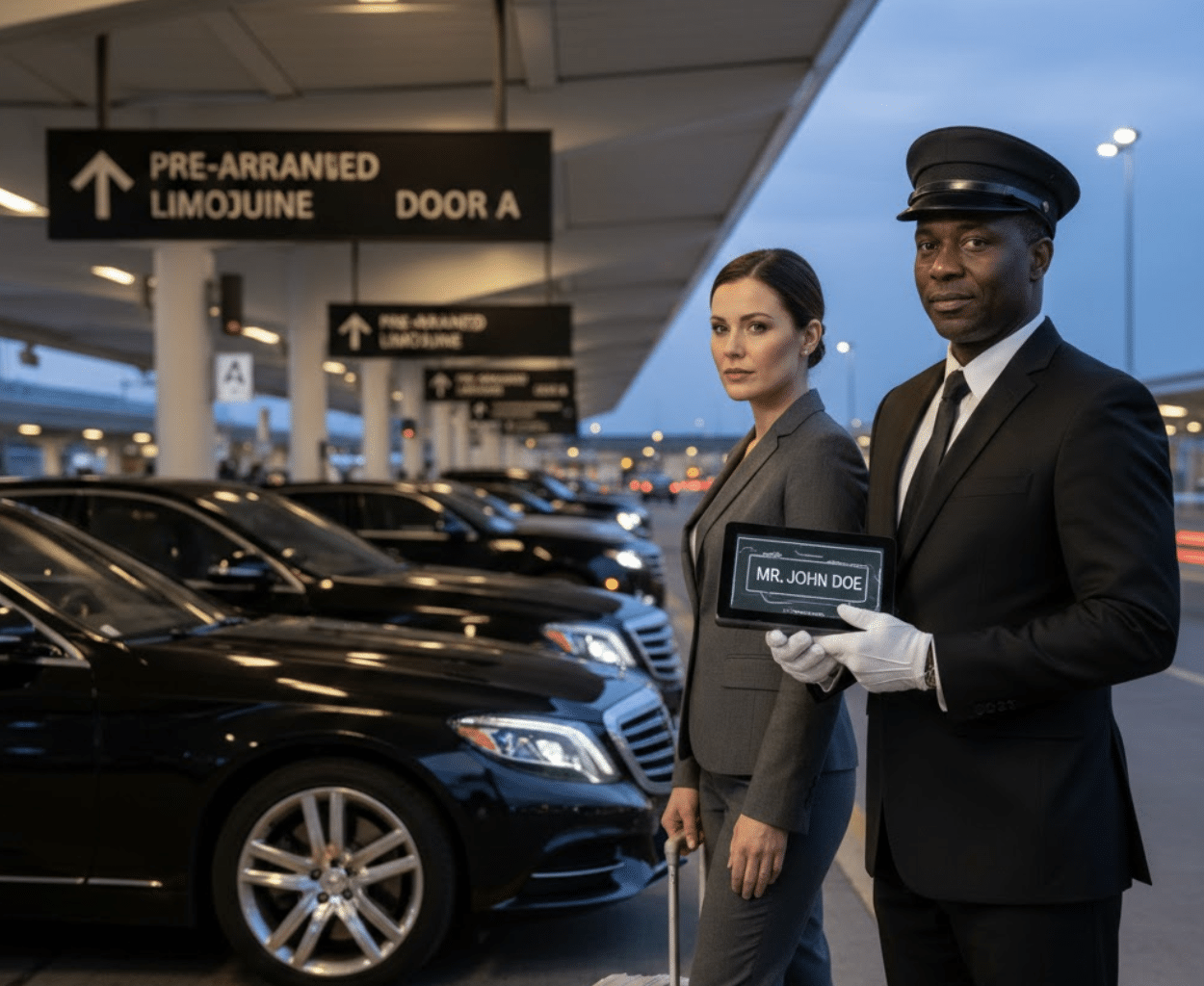 Professional chauffeur in black suit holding a name sign for a passenger at Toronto Pearson Airport Terminal 1 Door A, next to a line of luxury black sedans.