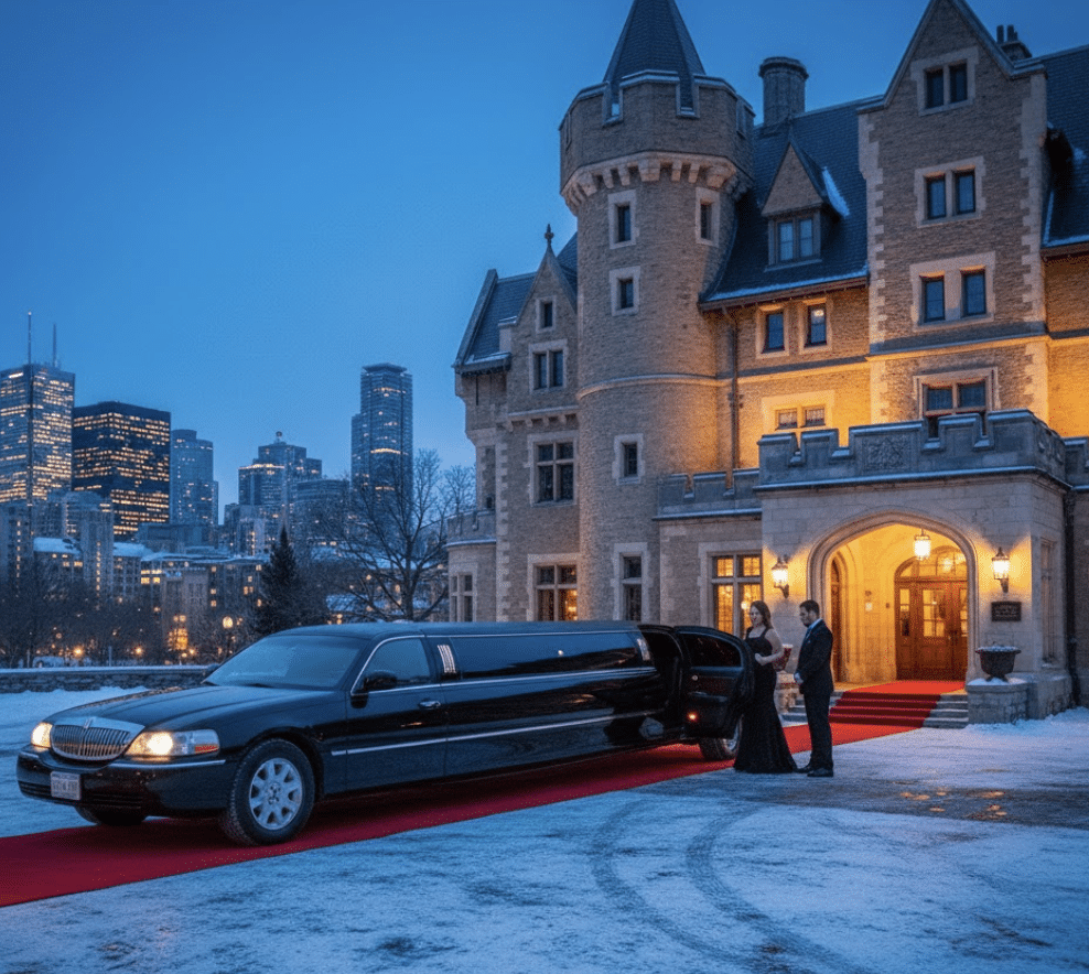 Long black stretch limousine parked on a red carpet in front of Casa Loma at dusk, with a chauffeur in a tuxedo standing by the open door for a guest in a formal black gown.