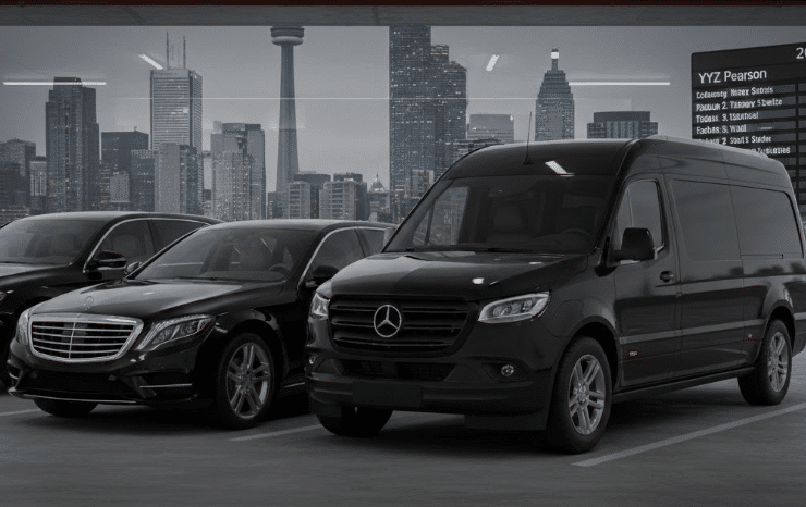 Executive black fleet featuring a Mercedes-Benz sedan and Mercedes Sprinter parked in a Toronto facility