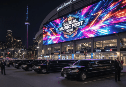 Executive black limousines and Sprinter vans staged near Gate 2 of Scotiabank Arena for 2026 concert VIP drop-offs and post-show priority exit.