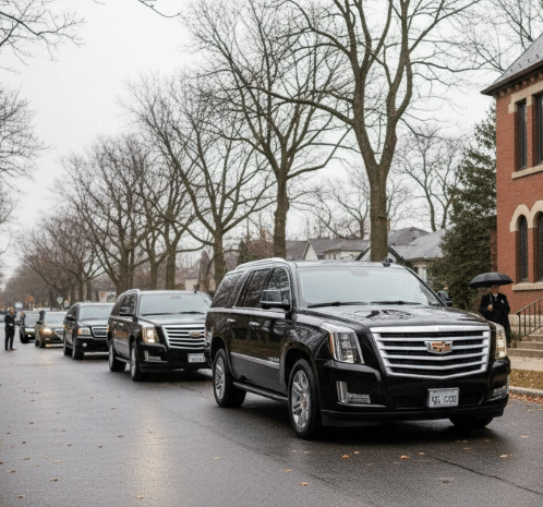 A line of luxury black SUVs forming a funeral procession in a quiet Toronto neighborhood with a professional chauffeur standing by