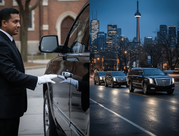 A line of luxury black funeral SUVs driving through downtown Toronto with the CN Tower in the background at dusk