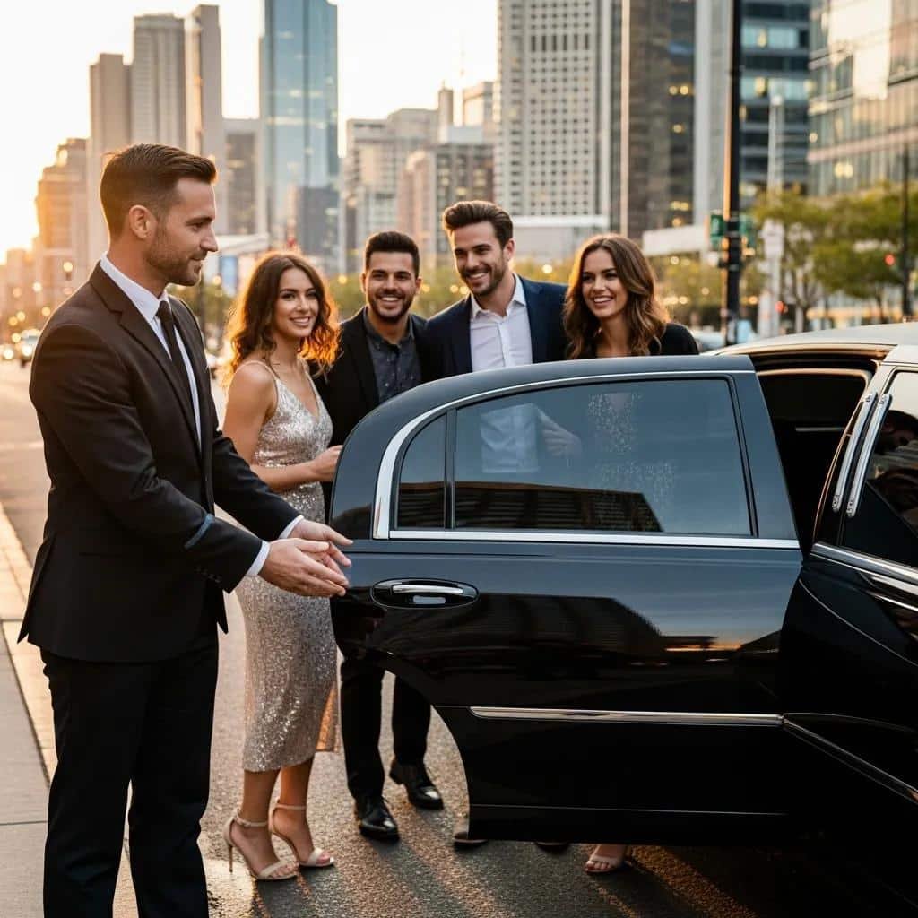 Chauffeur assisting clients into a luxury limousine, highlighting premium service and nightlife experience