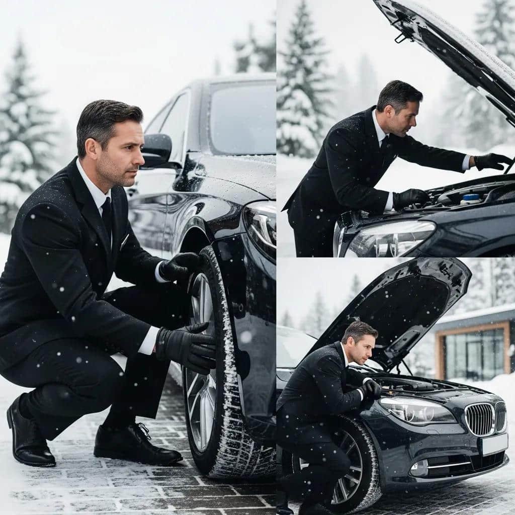 Professional chauffeur checking vehicle readiness in snowy conditions — winter inspection for safe travel